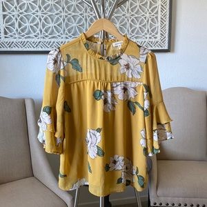 Monteau | Mustard Floral Boho Blouse Flowy Ruffle Sleeve Top - Large